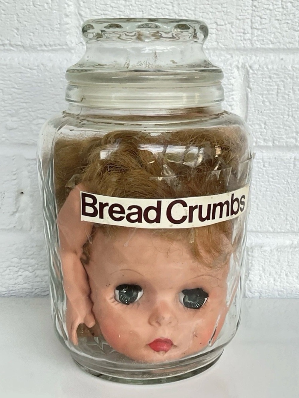 Creepy Old Doll Head in Jar Halloween Prop Horror Decoration Spooky Display